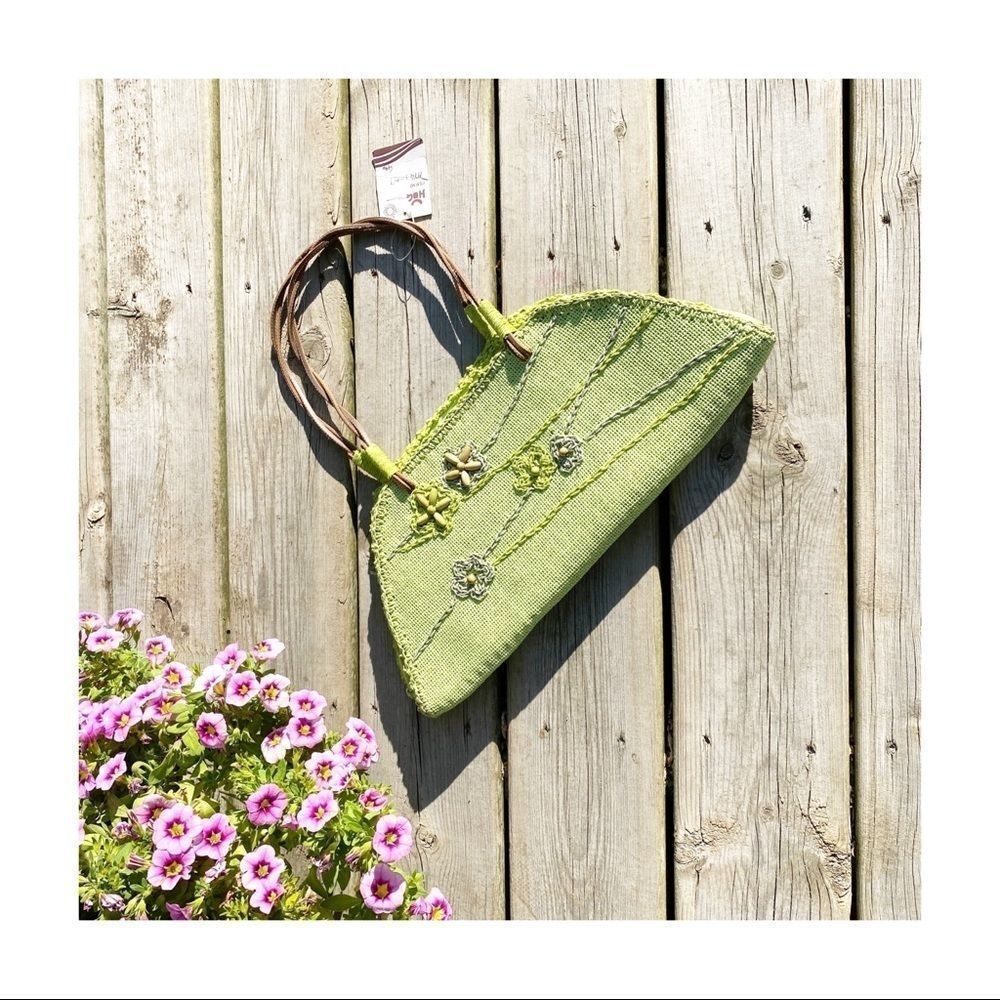 HOG Boho Purse Bag Green Beaded Embroidered Straw